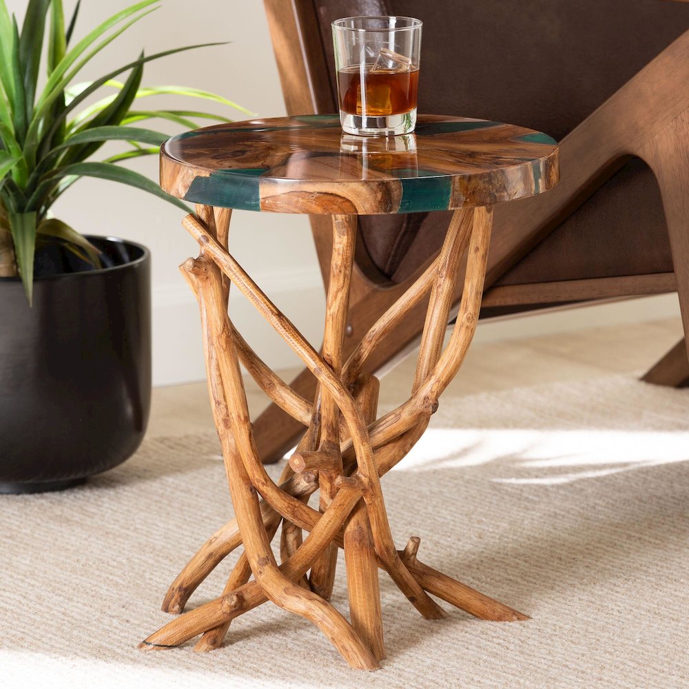Amada Teak Wood Epoxy Resin End Table - Round Live Edge Side Table