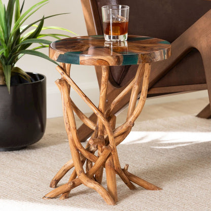 Amada Teak Wood Epoxy Resin End Table - Round Live Edge Side Table