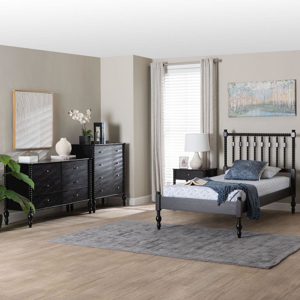 4-Piece Bedroom Set - Platform Bed with Dresser, Chest, Nightstand, Black, Twin