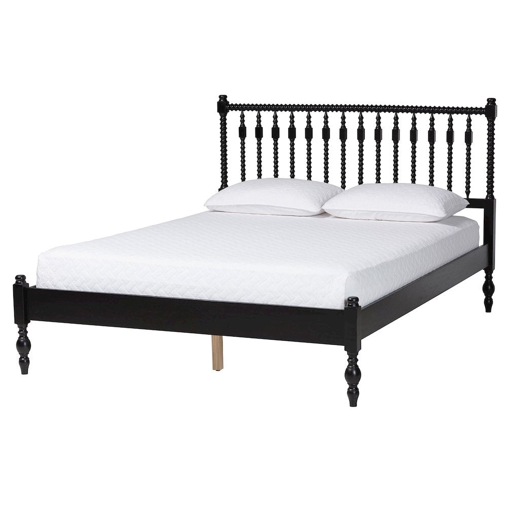Platform Bed - Turned Bed Frame with Headboard and Sculpted Legs, Black, Queen