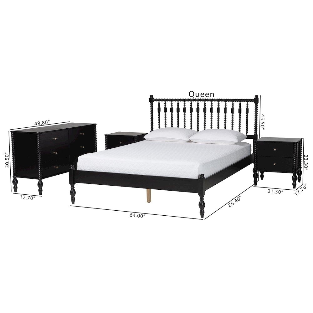 4-Piece Bedroom Set, Platform Bed with Dresser and Nightstands, Black, Queen