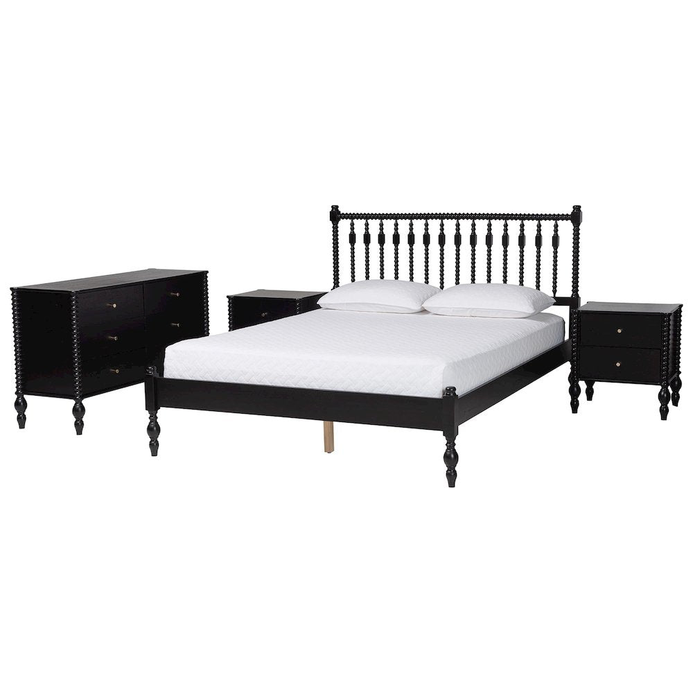 4-Piece Bedroom Set, Platform Bed with Dresser and Nightstands, Black, Queen