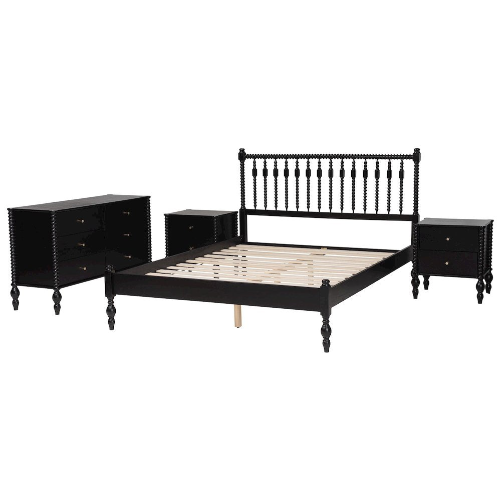 4-Piece Bedroom Set, Platform Bed with Dresser and Nightstands, Black, Queen