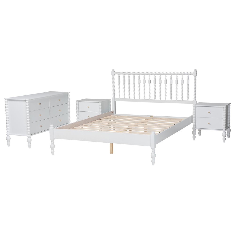 4-Piece Bedroom Set, Platform Bed with Dresser, Nightstands, White, Queen