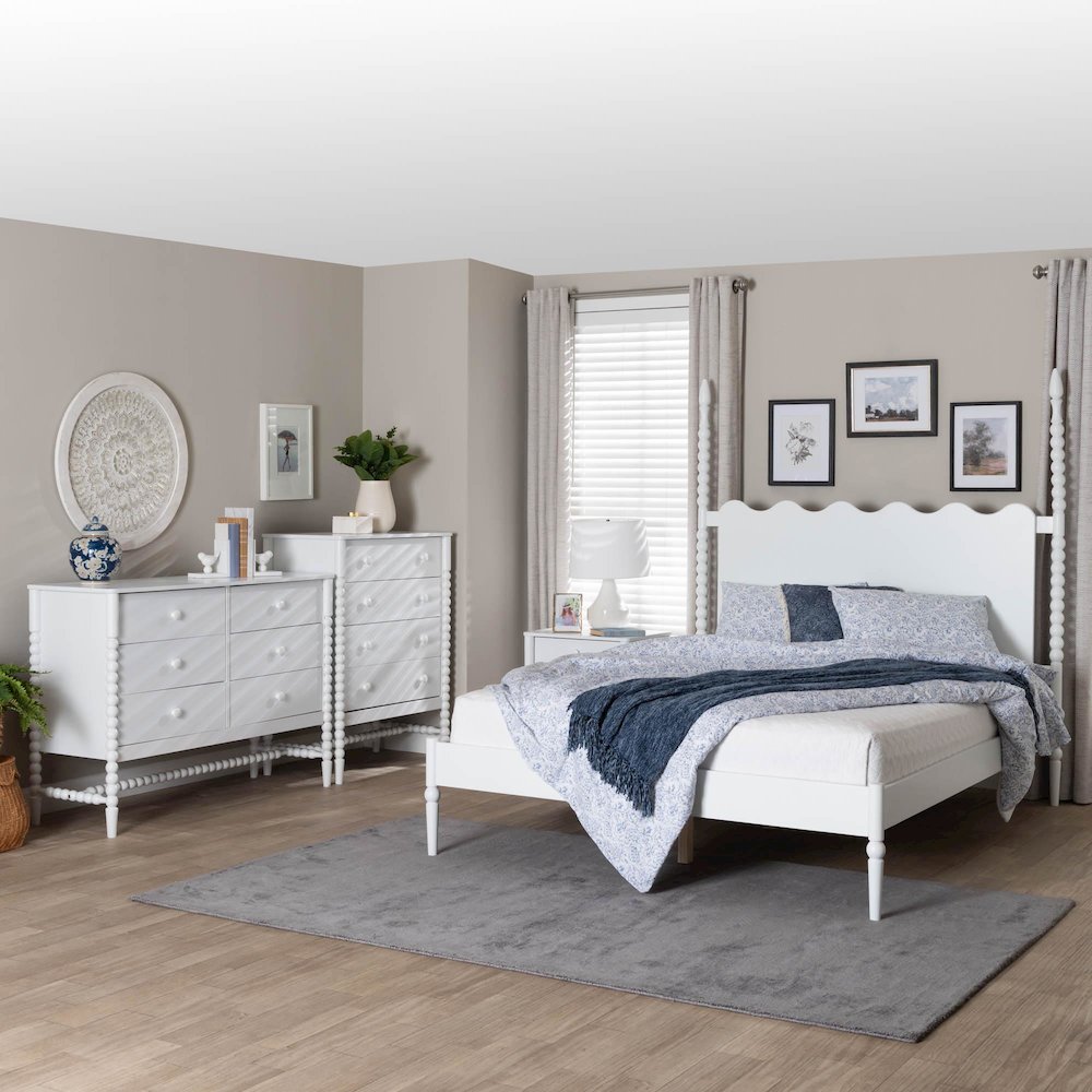 4-Piece Bedroom Set, Bed Frame with Dresser, Chest, and Nightstand, White, Queen