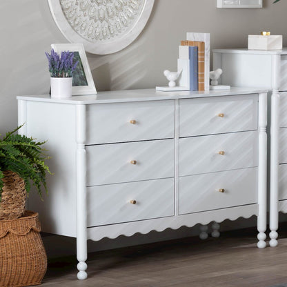 6-Drawer Storage Cabinet with Scalloped Apron and Turned Legs for Bedroom, White