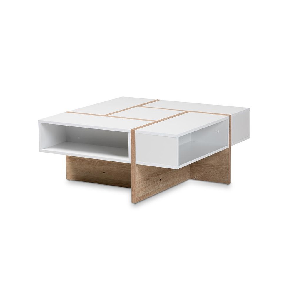 Modern Two-Tone White and Oak Coffee Table with Wooden Frame