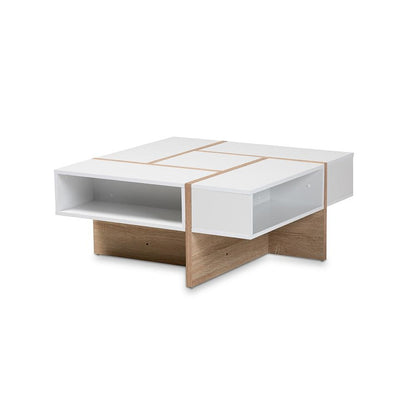 Modern Two-Tone White and Oak Coffee Table with Wooden Frame