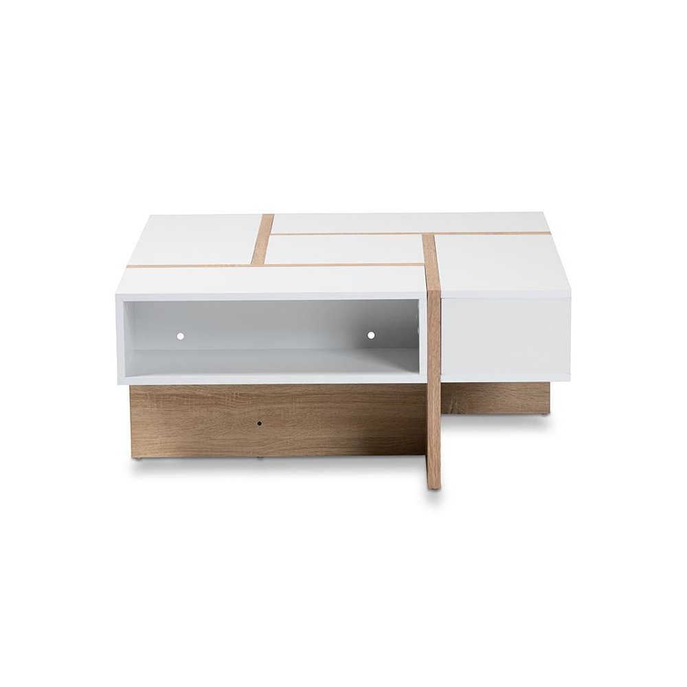 Modern Two-Tone White and Oak Coffee Table with Wooden Frame