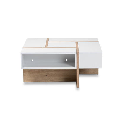 Modern Two-Tone White and Oak Coffee Table with Wooden Frame
