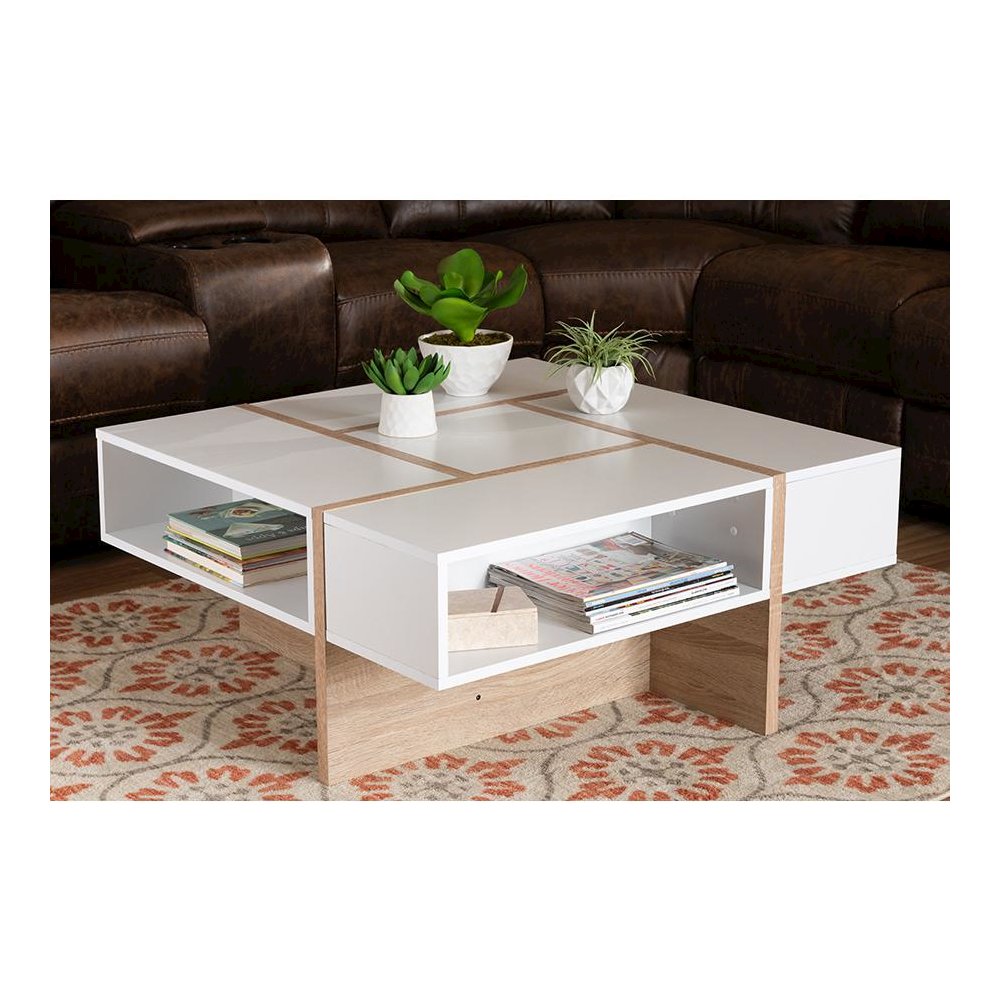 Modern Two-Tone White and Oak Coffee Table with Wooden Frame