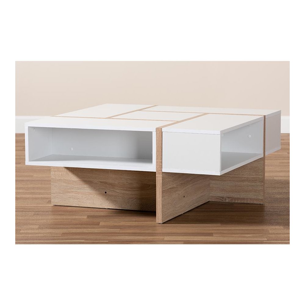 Modern Two-Tone White and Oak Coffee Table with Wooden Frame
