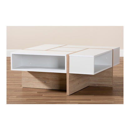 Modern Two-Tone White and Oak Coffee Table with Wooden Frame