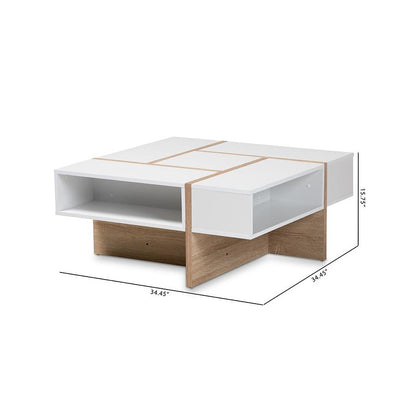 Modern Two-Tone White and Oak Coffee Table with Wooden Frame