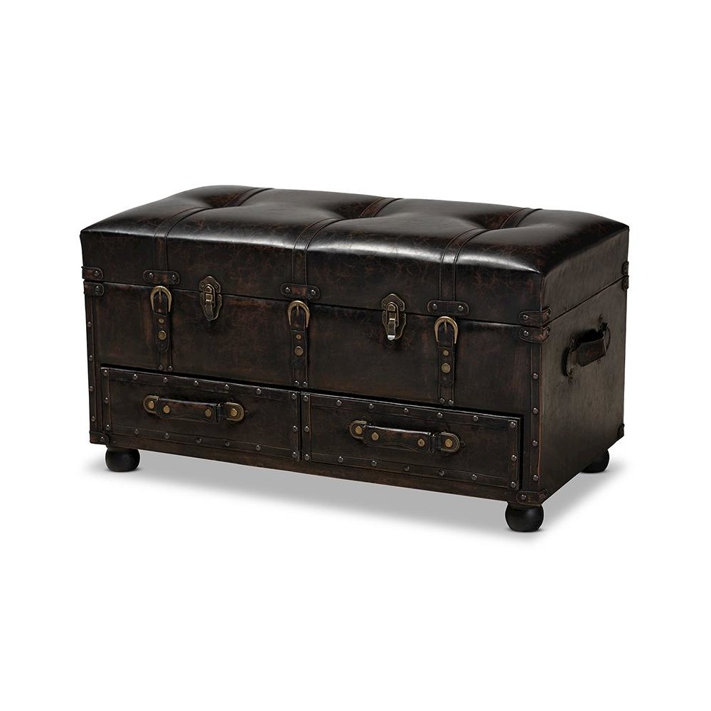 Callum Modern Transitional Distressed Dark Brown Faux Leather Upholstered 2-Drawer Storage Trunk Ottoman