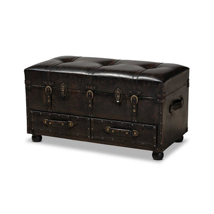 Callum Modern Transitional Distressed Dark Brown Faux Leather Upholstered 2-Drawer Storage Trunk Ottoman