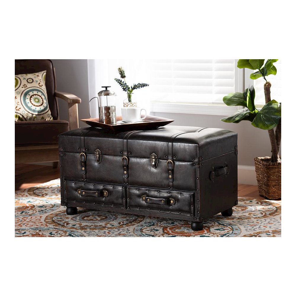 Callum Modern Transitional Distressed Dark Brown Faux Leather Upholstered 2-Drawer Storage Trunk Ottoman