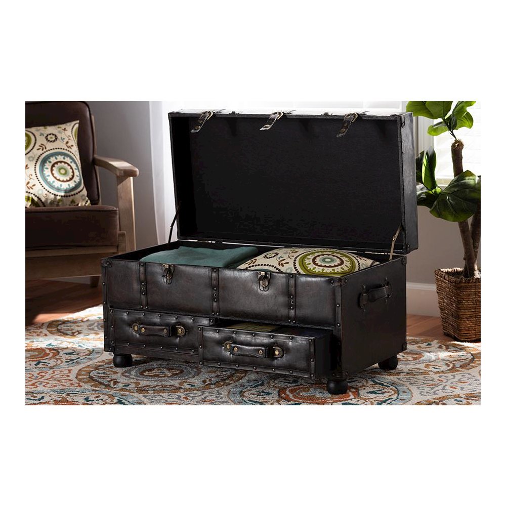 Callum Modern Transitional Distressed Dark Brown Faux Leather Upholstered 2-Drawer Storage Trunk Ottoman