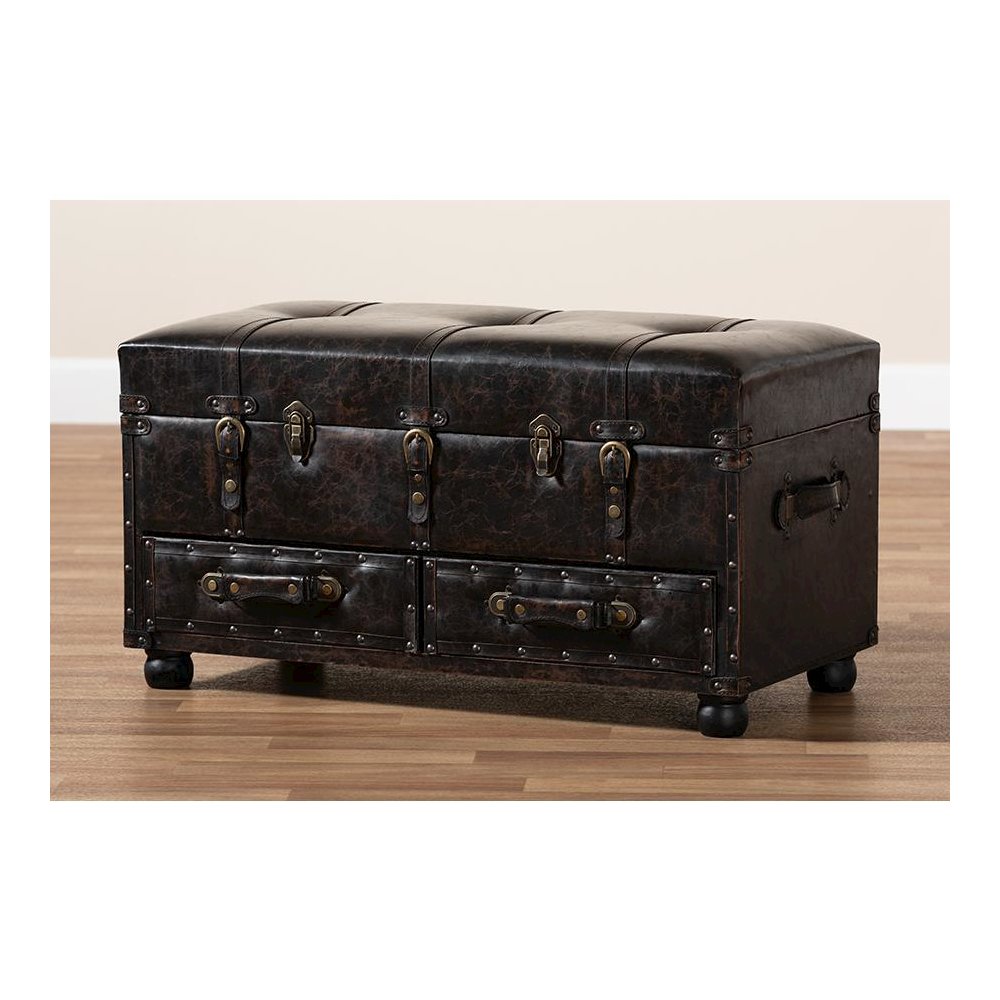 Callum Modern Transitional Distressed Dark Brown Faux Leather Upholstered 2-Drawer Storage Trunk Ottoman