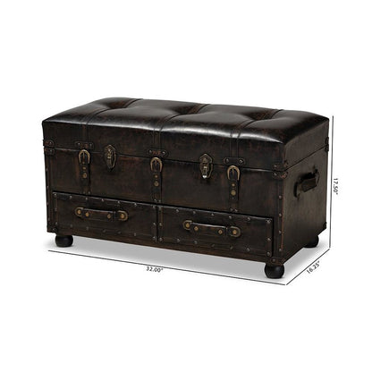 Callum Modern Transitional Distressed Dark Brown Faux Leather Upholstered 2-Drawer Storage Trunk Ottoman