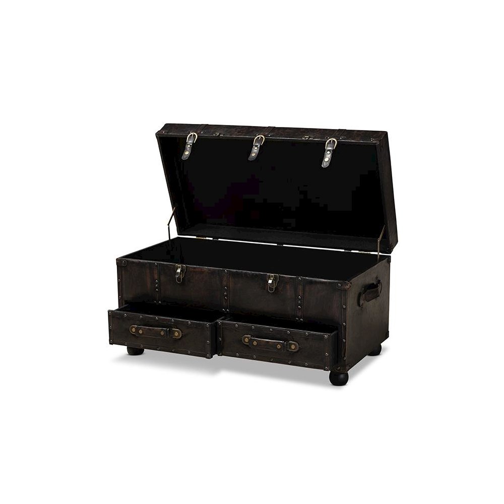 Callum Modern Transitional Distressed Dark Brown Faux Leather Upholstered 2-Drawer Storage Trunk Ottoman