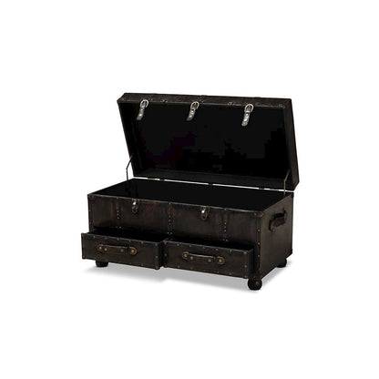 Callum Modern Transitional Distressed Dark Brown Faux Leather Upholstered 2-Drawer Storage Trunk Ottoman