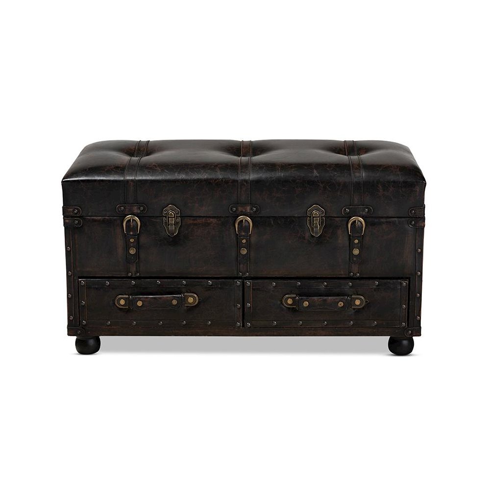 Callum Modern Transitional Distressed Dark Brown Faux Leather Upholstered 2-Drawer Storage Trunk Ottoman