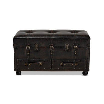 Callum Modern Transitional Distressed Dark Brown Faux Leather Upholstered 2-Drawer Storage Trunk Ottoman