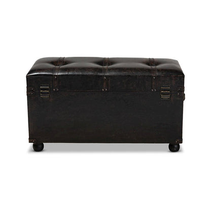 Callum Modern Transitional Distressed Dark Brown Faux Leather Upholstered 2-Drawer Storage Trunk Ottoman