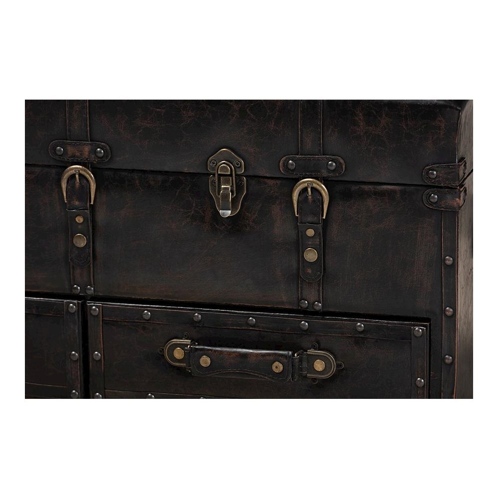 Callum Modern Transitional Distressed Dark Brown Faux Leather Upholstered 2-Drawer Storage Trunk Ottoman
