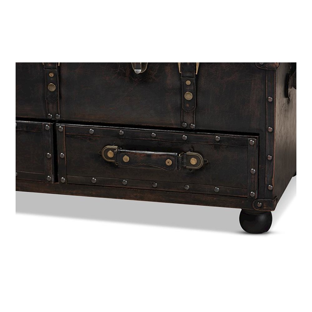 Callum Modern Transitional Distressed Dark Brown Faux Leather Upholstered 2-Drawer Storage Trunk Ottoman