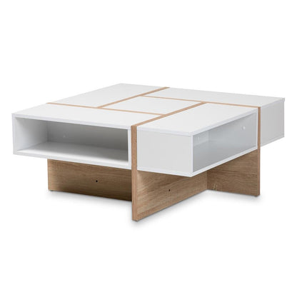 Modern Two-Tone White and Oak Coffee Table with Wooden Frame