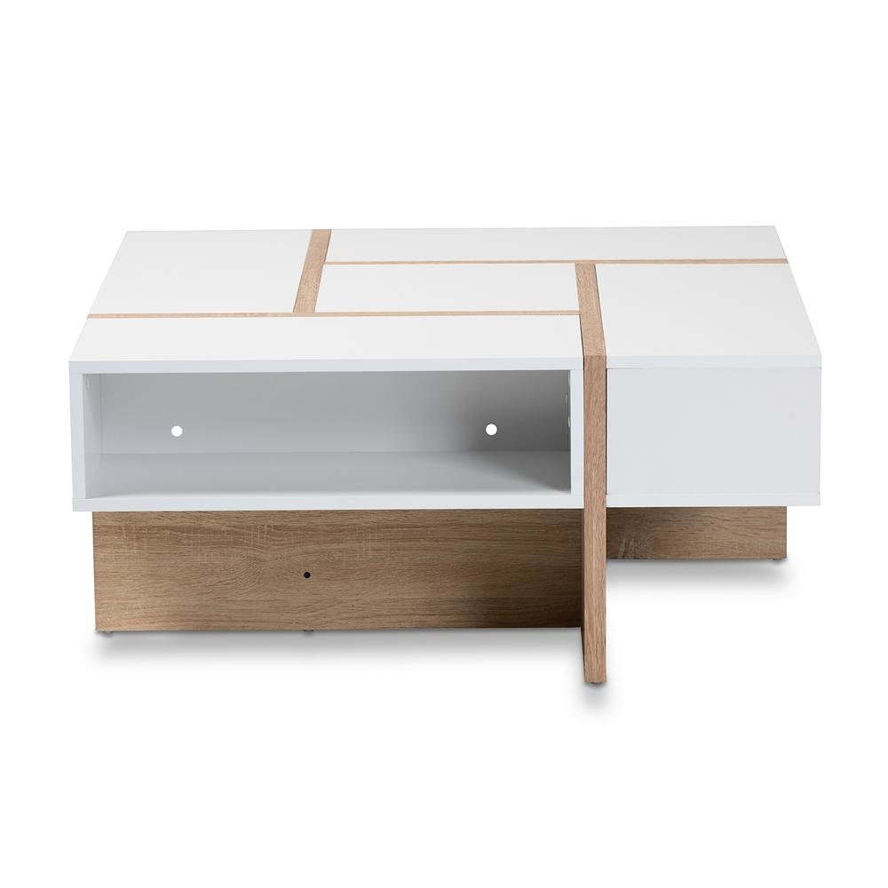 Modern Two-Tone White and Oak Coffee Table with Wooden Frame