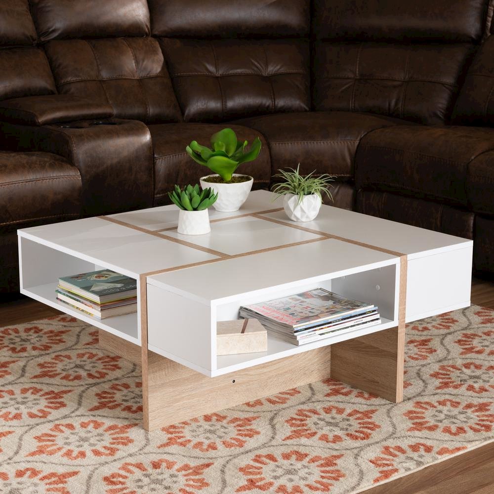 Modern Two-Tone White and Oak Coffee Table with Wooden Frame
