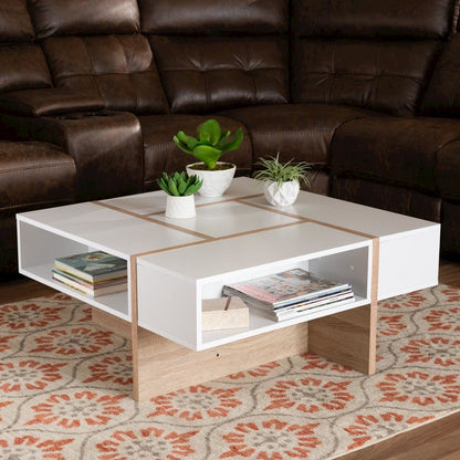 Modern Two-Tone White and Oak Coffee Table with Wooden Frame