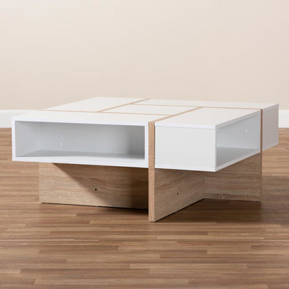 Modern Two-Tone White and Oak Coffee Table with Wooden Frame