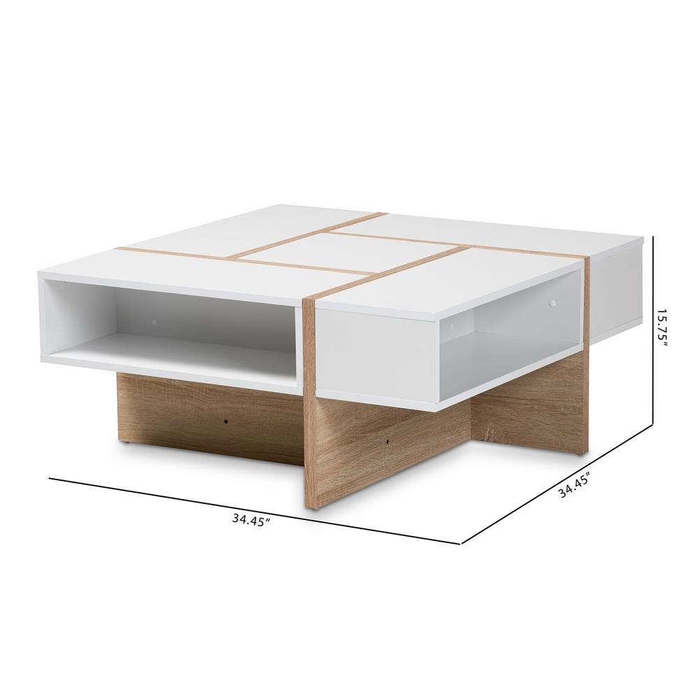 Modern Two-Tone White and Oak Coffee Table with Wooden Frame