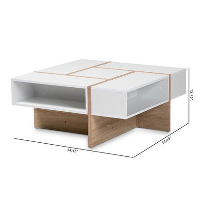 Modern Two-Tone White and Oak Coffee Table with Wooden Frame