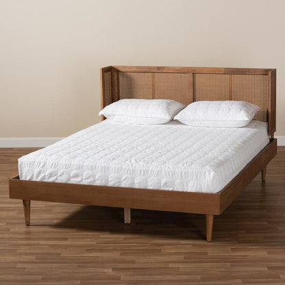 Mid-Century Full Size Platform Bed with Headboard in Ash Walnut Finish