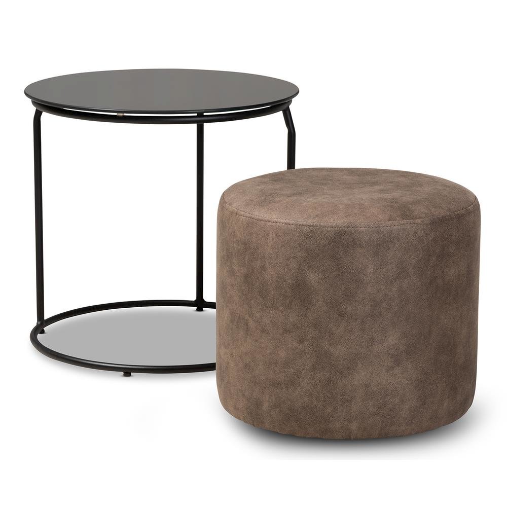Modern black and grey nesting table and ottoman set with glass and metal accents