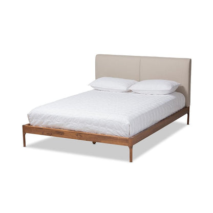 Beige Fabric Upholstered King Platform Bed with Walnut Finish and Modern Style