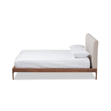 Beige Fabric Upholstered King Platform Bed with Walnut Finish and Modern Style