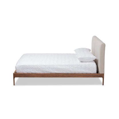 Beige Fabric Upholstered King Platform Bed with Walnut Finish and Modern Style