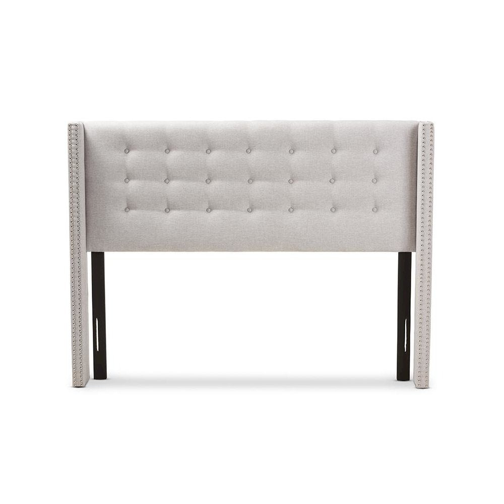 Greyish Beige Fabric Button-Tufted Nail head Queen Size Winged Headboard