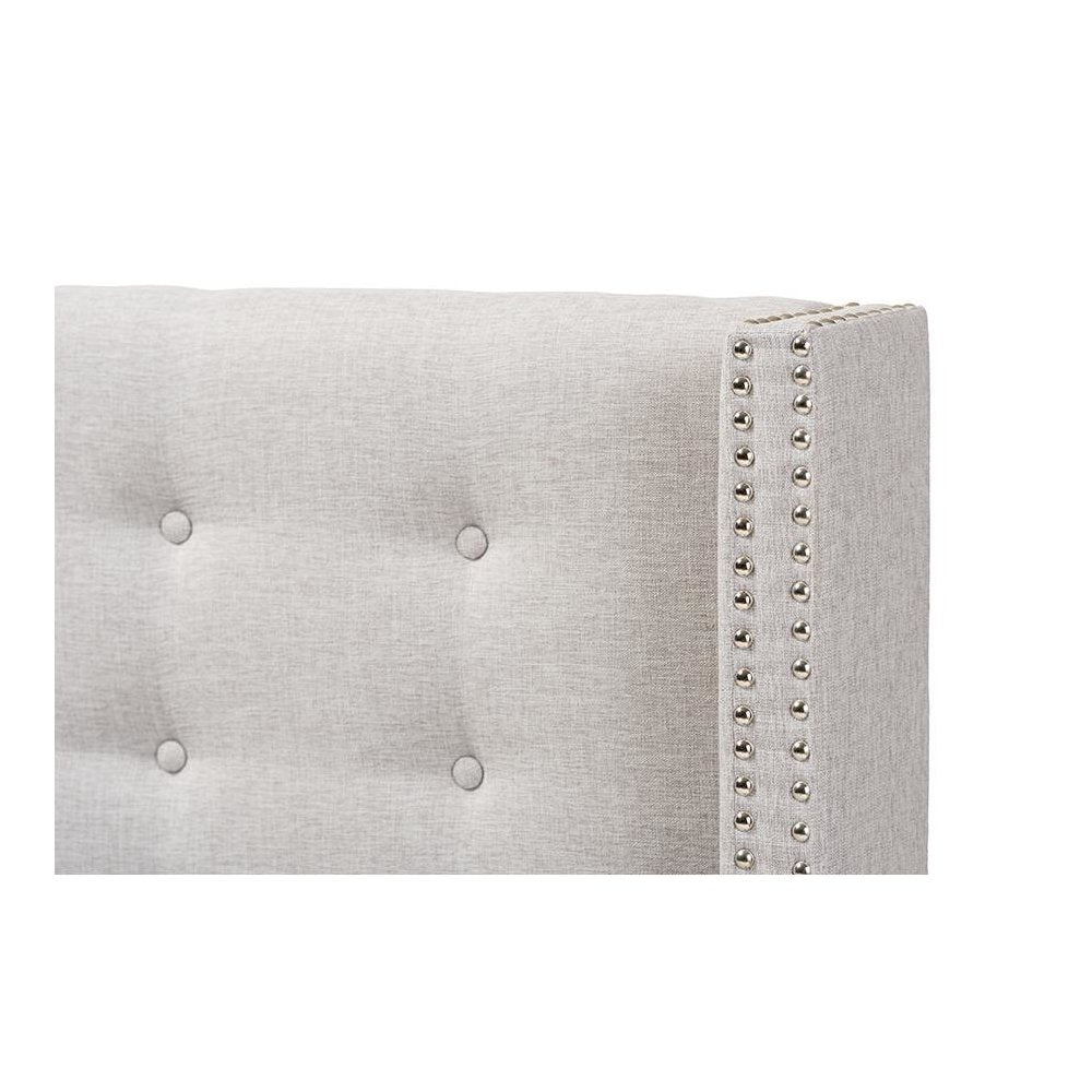 Greyish Beige Fabric Button-Tufted Nail head Queen Size Winged Headboard