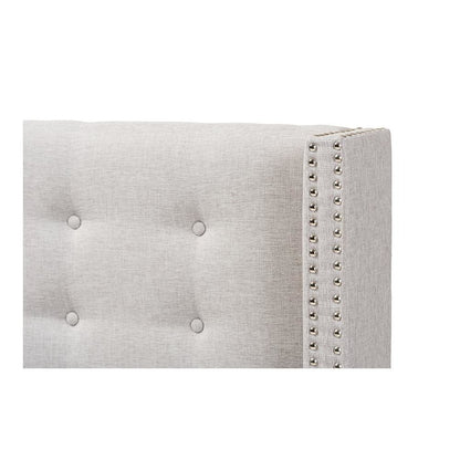 Greyish Beige Fabric Button-Tufted Nail head Queen Size Winged Headboard