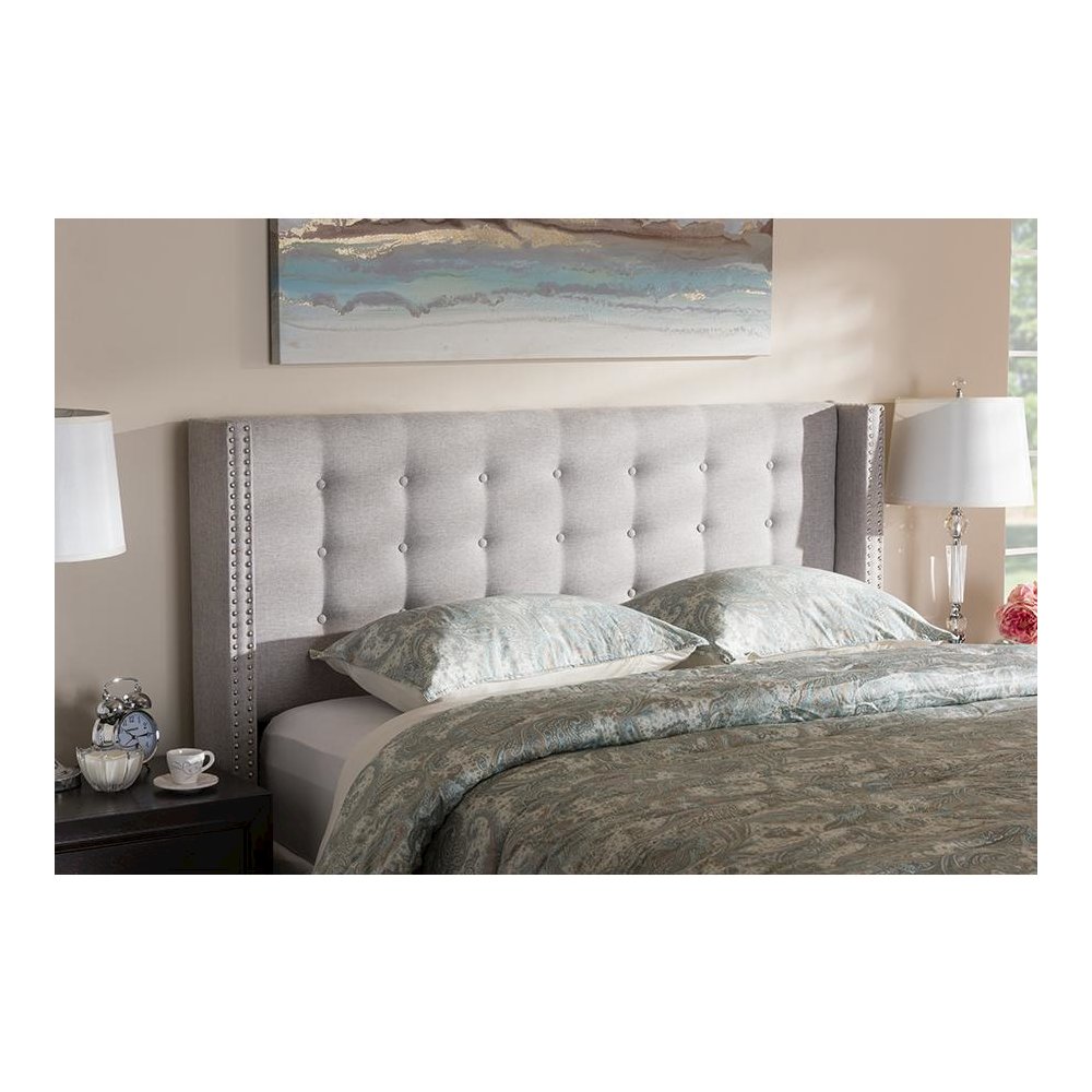 Greyish Beige Fabric Button-Tufted Nail head Queen Size Winged Headboard