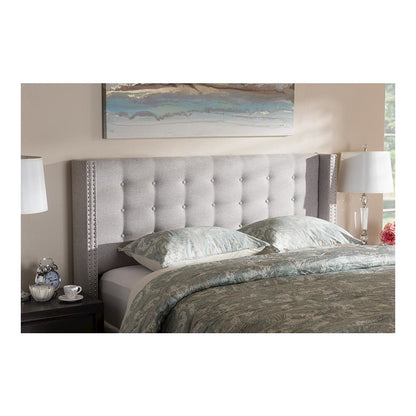 Greyish Beige Fabric Button-Tufted Nail head Queen Size Winged Headboard