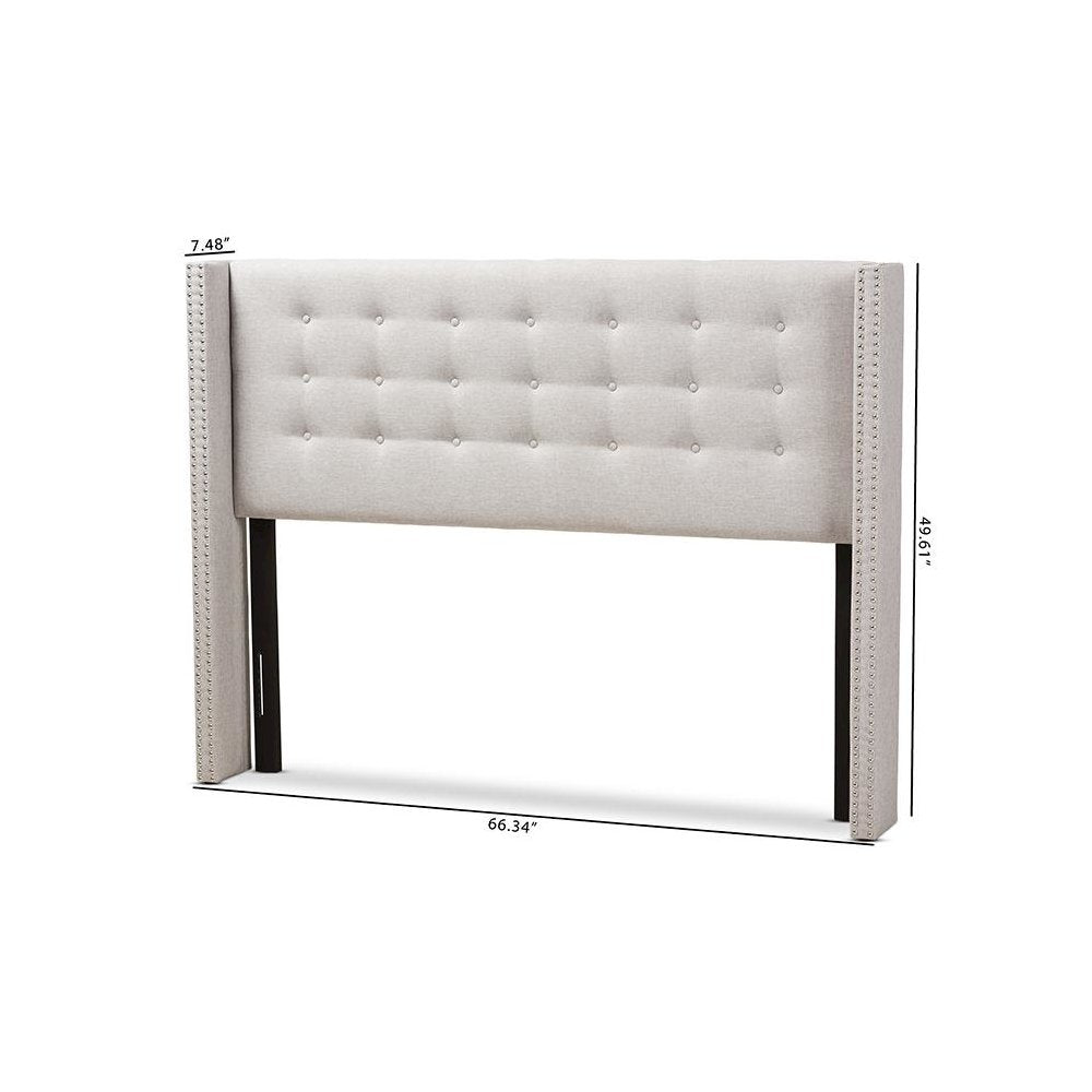 Greyish Beige Fabric Button-Tufted Nail head Queen Size Winged Headboard