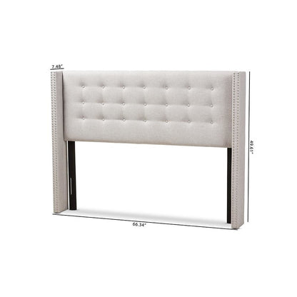 Greyish Beige Fabric Button-Tufted Nail head Queen Size Winged Headboard